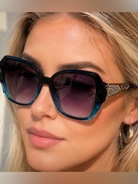 Glam Faceted Blue Ombre Rhinestone Accent Sunglasses